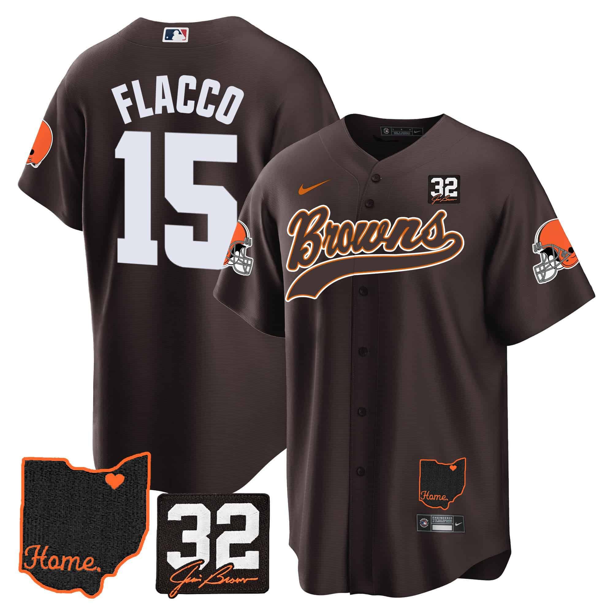 Men Cleveland Browns #15 Flacco Brown Memorial Home Patch Baseball 2024 Nike NFL Jersey style 1
